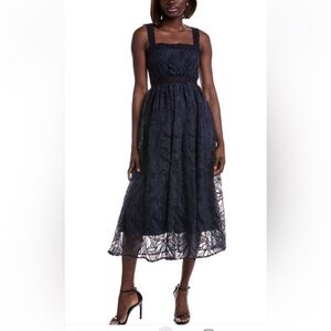 Monique Lhuillier Navy Lace Midi Dress with Square Neck